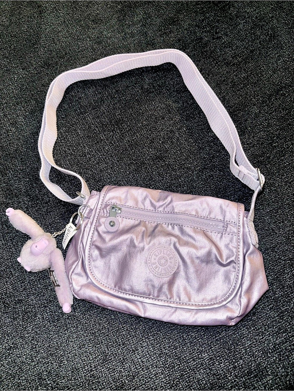 Kipling Sabian Mini Crossbody Bag Metallic Purple + Matching Monkey Charm
